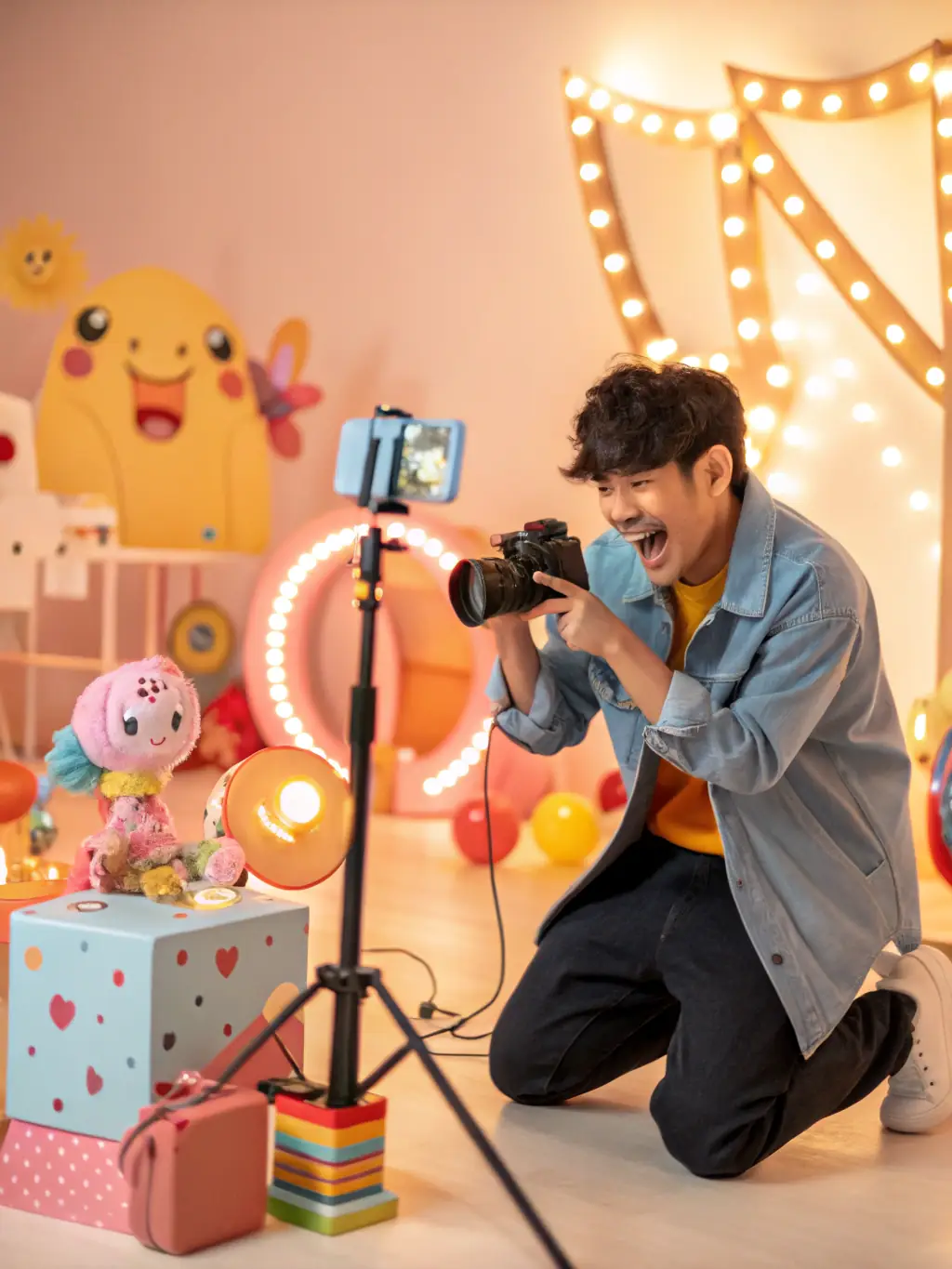 An illustration of trending hashtags with engagement metrics and a content creator selecting hashtags, representing SearchTok's Hashtag Strategy service.