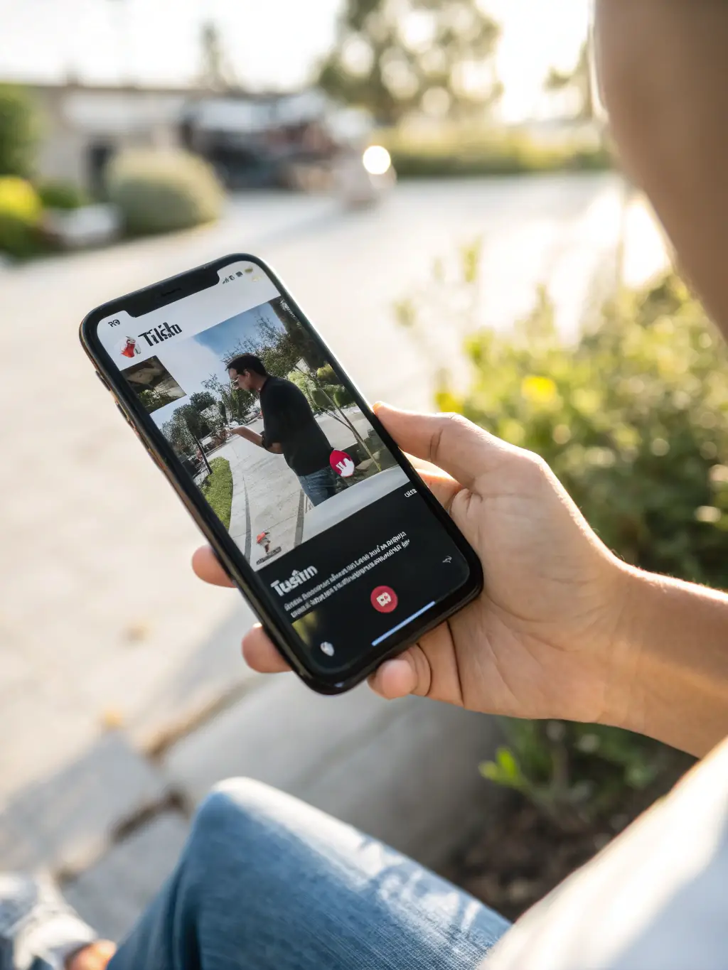 A close-up shot of a smartphone displaying TikTok search results, highlighting the top-ranked video with a SearchTok client's logo.
